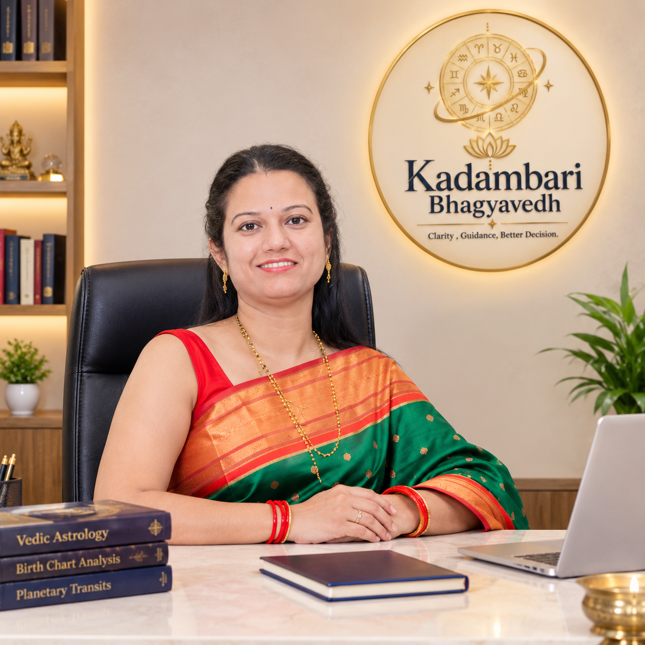 Kadambari Shete seated in her Vedic Astrology consultation office